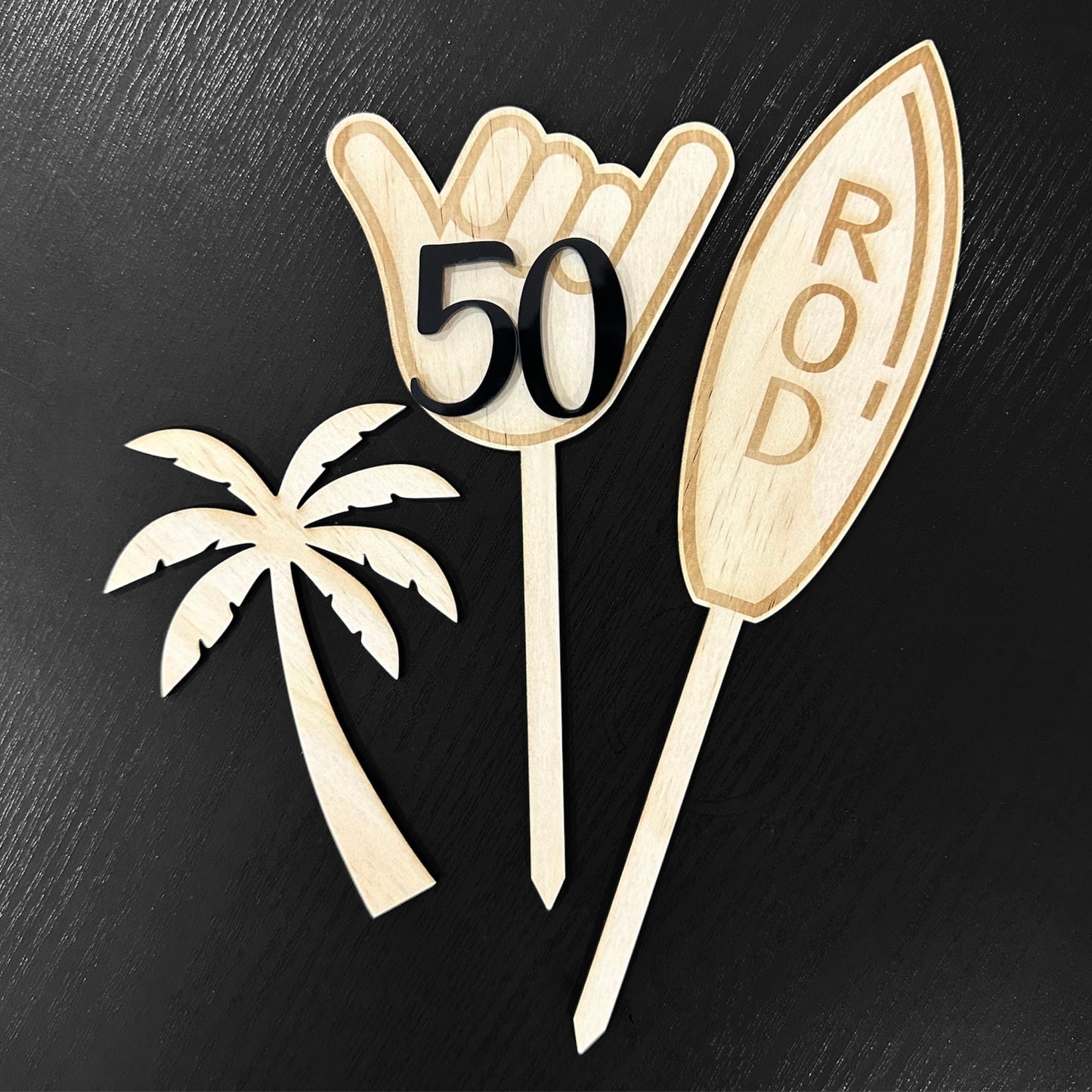 Custom Surfboard Cake Topper - Wooden Shaka Sign with Black Age Number & Palm Tree - Birthday Beach Party Decor