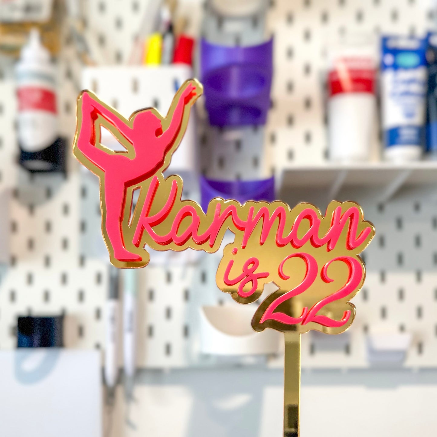 Ballet Dancer Acrylic Cake Topper - Gold Mirror Base with Hot Pink Lettering, Perfect for Birthday or Wedding Cakes