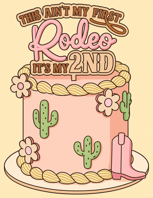 cake topper of a birthday cake with cacti, flowers, and a cowboy boot on a beige background. rodeo theme