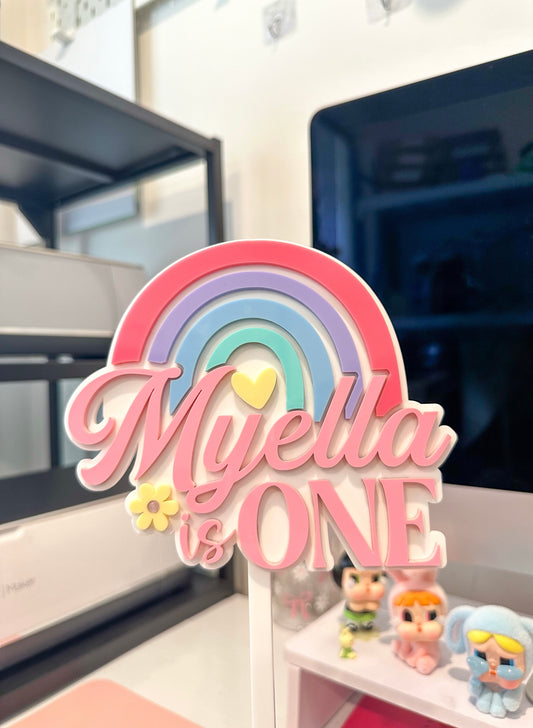 Custom Rainbow Cake Topper | Name & Age with Heart + Daisy Detail