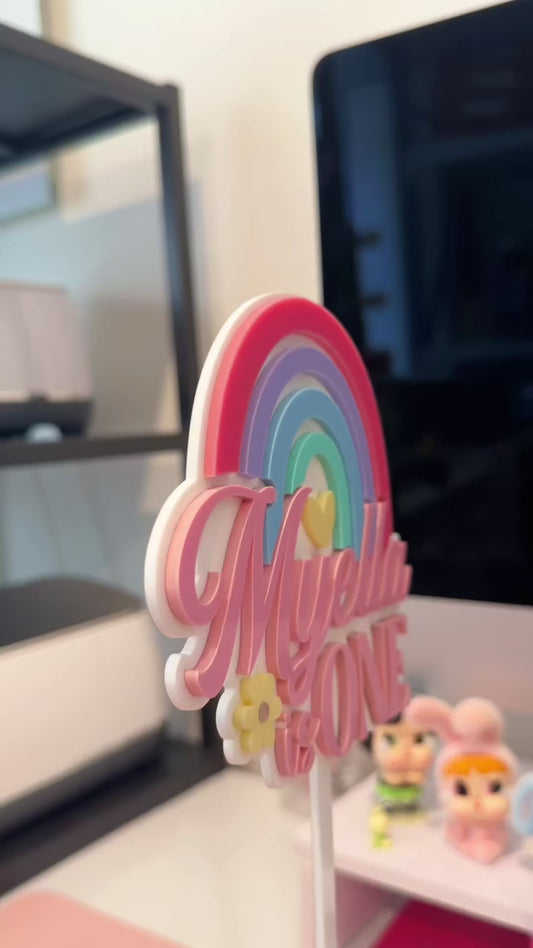 Custom Rainbow Cake Topper | Name & Age with Heart + Daisy Detail